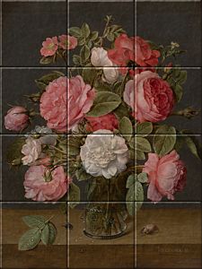 Reproduction of Roses in a Glass Vase on ceramic tiles by Jacob van Hulsdonck made by Dutch Art Reproductions