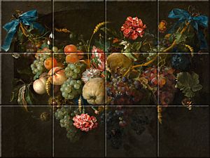 Image of our reproduction of Garland of Fruit and Flowers by Jan Davidsz. de Heem on ceramic tiles in an interior.
