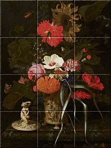 Reproduction of Flowers in an Ornamental Vase by Maria van Oosterwyck on ceramic tiles made by Dutch Art Reproduction.