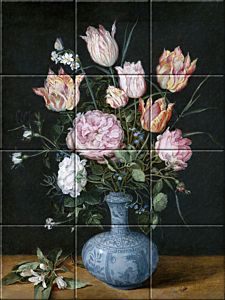 Image of a reproduction of Flowers in a Wan-Li Vase by Jan Brueghel on ceramic tiles made by Dutch Art Reproductions
