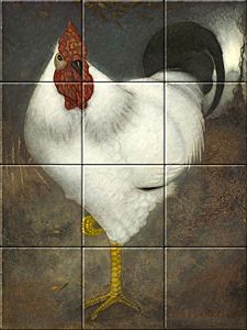 reproduction of White rooster  on ceramic tiles tableaus by Jan Mankes made by Dutch Art Reproductions