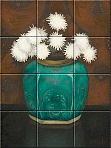 reproduction of Ginger Jar with Chrysanthemums on ceramic tiles tableaus by Jan Mankes made by Dutch Art Reproductions