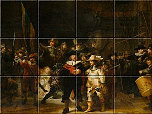 reproduction of The Night Watch on ceramic tiles tableaus by Rembrandt van Rijn made by Dutch Art Reproductions