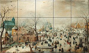 reproduction of Winter Landscape with Ice Skaters on ceramic tiles tableaus by Hendrick Avercamp made by Dutch Art Reproductions