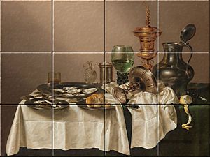 reproduction of Still Life with a Gilt Cup on ceramic tiles tableaus by Willem Claesz. Heda made by Dutch Art Reproductions