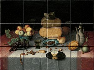 reproduction of Still Life with Cheese on ceramic tiles tableaus by Floris Claesz. van Dijck made by Dutch Art Reproductions