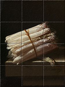 reproduction of Still Life with Asparagus on ceramic tiles tableaus by Adriaen Coorte made by Dutch Art Reproductions