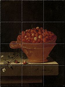 reproduction of A Bowl of Strawberries on a Stone Plinth on ceramic tiles tableaus by Adriaen Coorte made by Dutch Art Reproductions