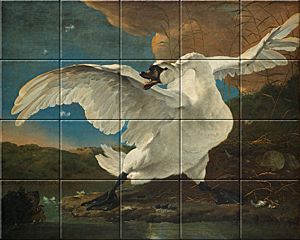 reproduction of The Threatened Swan on ceramic tiles tableaus by Jan Asselijn made by Dutch Art Reproductions