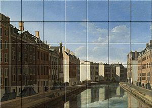 reproduction of View of the Golden Bend in the Herengracht on ceramic tiles tableaus by Gerrit Adriaensz. Berckheyde made by Dutch Art Reproductions