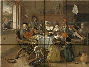 Small image of our reproduction of The Merry Family by Jan Havicksz. Steen on ceramic tiles tableaus