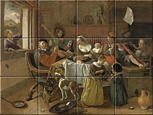 reproduction of The Merry Family on ceramic tiles tableaus by Jan Havicksz. Steen made by Dutch Art Reproductions