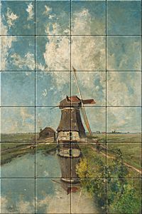reproduction of A Windmill on a Polder Waterway (In the month July) on ceramic tiles tableaus by Paul Joseph Constantin Gabriel made by Dutch Art Reproductions