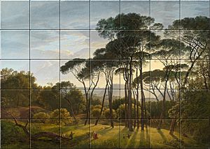 reproduction of  Italian Landscape with Umbrella Pines on ceramic tiles tableaus by Hendrik Voogd made by Dutch Art Reproductions
