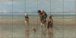 reproduction of Children of the Sea on ceramic tiles tableaus by Jozef Israels made by Dutch Art Reproductions