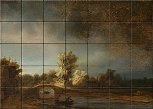 reproduction of Landscape with a Stone Bridge on ceramic tiles tableaus by Rembrandt van Rijn made by Dutch Art Reproductions