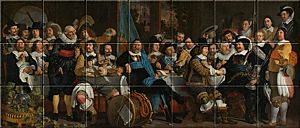 reproductie van Banquet at the Crossbowmen's Guild op Keramische tegeltableaus door Bartholomeus van der Helst gemaakt door Dutch Art Reproductions