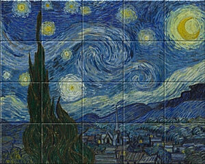 Small image of our reproduction of Starry Night by Vincent van Gogh on ceramic tiles tableaus