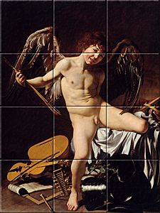 reproductie van Amor Victorious op Keramische tegeltableaus door Michelangelo Merisi da Caravaggio gemaakt door Dutch Art Reproductions
