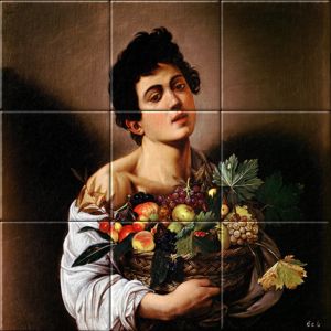 reproduction of Boy with a Basket of Fruit on ceramic tiles tableaus by Michelangelo Merisi da Caravaggio made by Dutch Art Reproductions