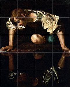 reproduction of Narcissus on ceramic tiles tableaus by Michelangelo Merisi da Caravaggio made by Dutch Art Reproductions