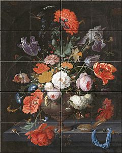 reproduction of Still Life with Flowers and a Watch by Abraham Mignon on ceramic tiles made by Dutch Art Reproduction